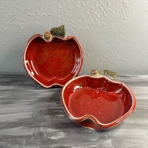 Vintage 1998 PBP red Stoneware individual apple shaped bakers set of 2 signed